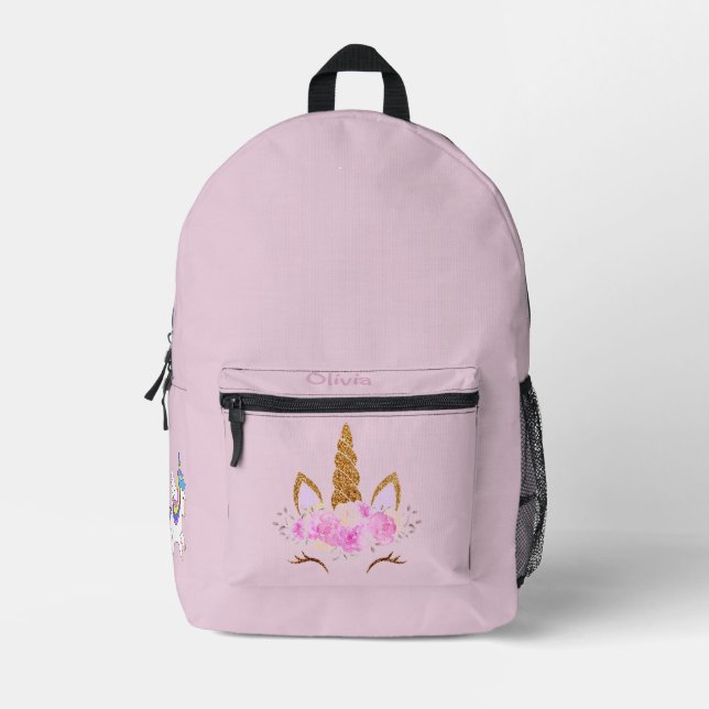 Mochila Impresa Pink Unicorn Hat Photo Named Back to School (Anverso)