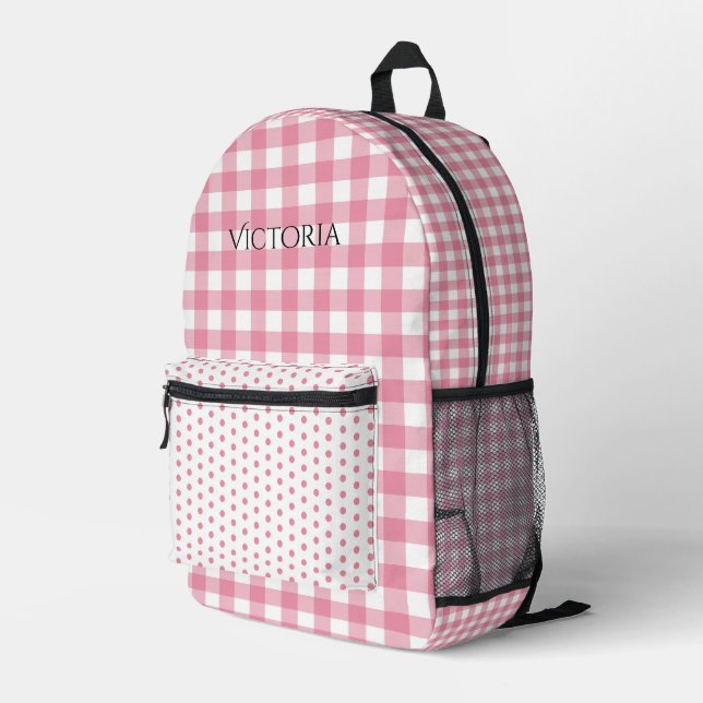 Mochila Impresa Pink White Gingham Polkadot Personalized  (Esquina derecha trasera )