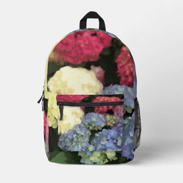 Mochila Impresa Pintado digital de flores de hidrangea azul y rosa (Anverso)