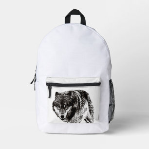 Mochila Impresa Pintura de Lobo Salvaje en blanco y negro