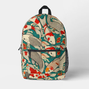 Mochila Impresa Pintura vintage japonesa con estampado de peces ko