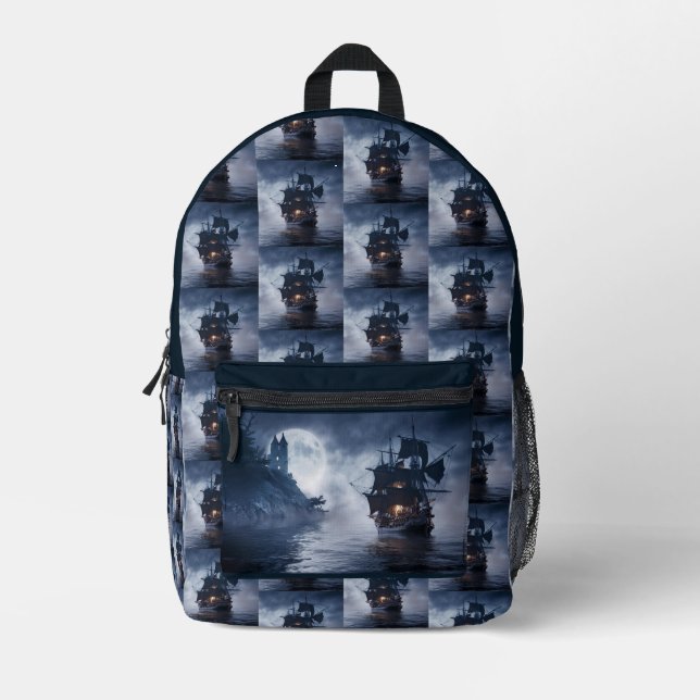 Mochila Impresa Pirate Galleon en una noche nublada (Anverso)