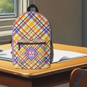 Mochila Impresa Plaid Escolar Brillante Morado Monograma
