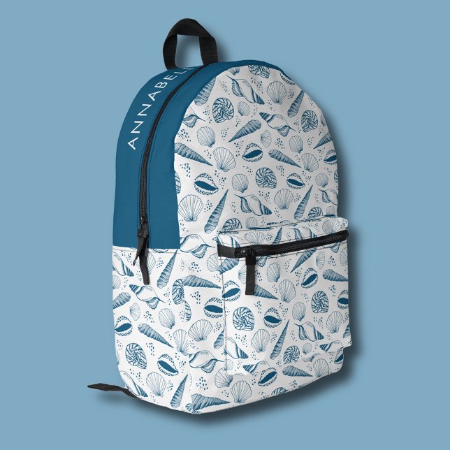 Mochila Impresa Playa de Seashell Blue White (Coastal chic blue seashell nautical beach vibe backpack)