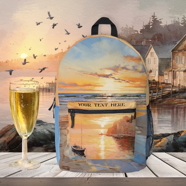 Mochila Impresa Playa de Verano Sunset Nautical (Sunny backpack featuring a painting of a sunset on the beach and on the pocket a coast with sailboat)
