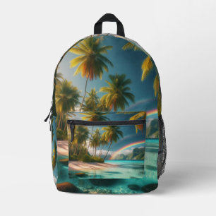 Mochila Impresa Playa Tropical Con Arcoiris Y Palmeras