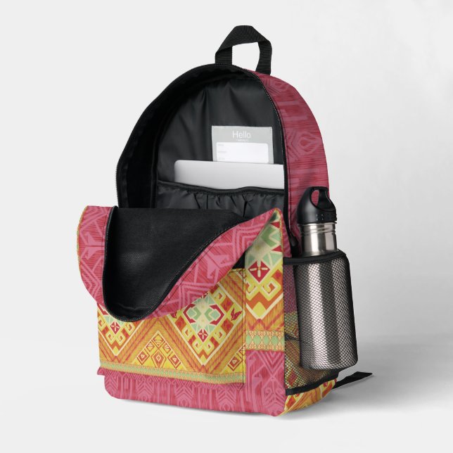 Mochila Impresa Plumas rojas y amarillas (Esquina trasera derecha (abierta))