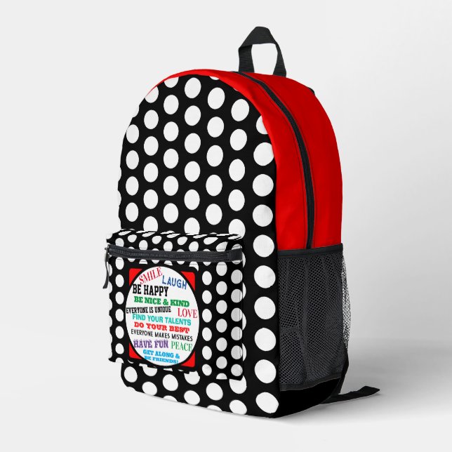 Mochila Impresa Polka blanco y negro rojo puntos motivacionales (Esquina derecha trasera )