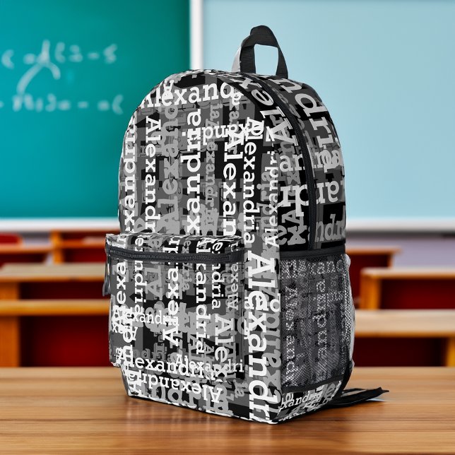 Mochila Impresa Pon tu nombre en todo este blanco y negro (personalized name backpack)