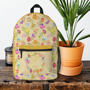 Mochila Impresa Potes de té y tazas Monograma Amarillo