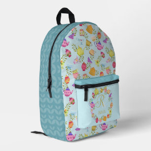 Mochila Impresa Potes de té y tazas monograma azul