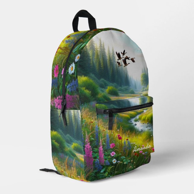 Mochila Impresa Prado de flores silvestres verde  (Esquina izquierda trasera)
