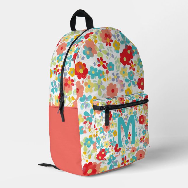 Mochila Impresa Precioso Estampado Floral Rosa Azul Acuático Rojo (Esquina izquierda trasera)