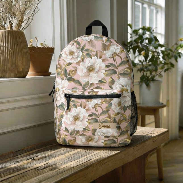 Mochila Impresa Pretty Big Camellia Flower Pink Golden Girly Name (Lovely floral backpack for a woman with a hand-painted golden camellia.)