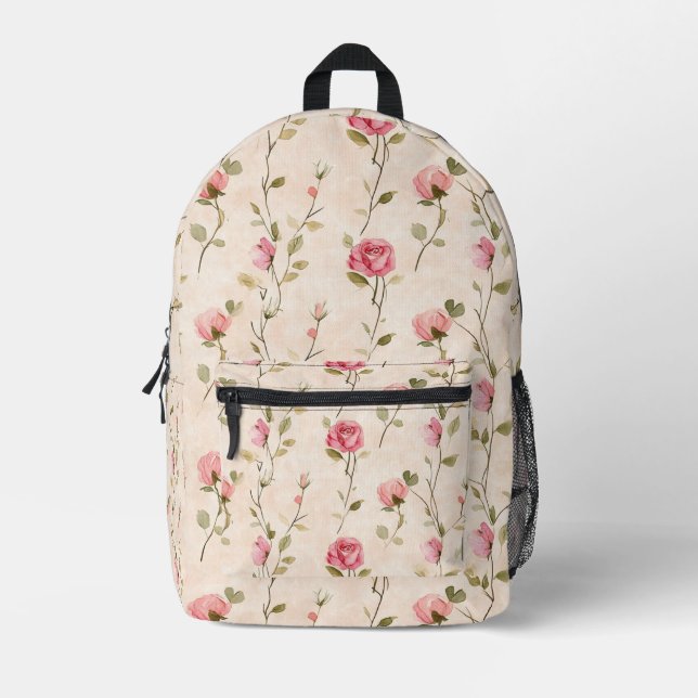 Mochila Impresa Pretty Pink Cream Roses Floral (Anverso)