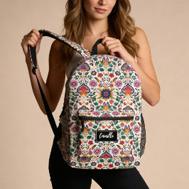 Mochila Impresa Pretty Pink Orange Floral Motifs Vintage Cottage