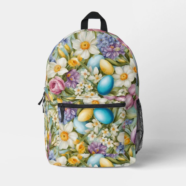 Mochila Impresa Primavera. Narciso, jacintos, tulipanes, huevos de (Anverso)