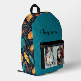 Mochila Impresa Princesa indígena americana, lobo, plumas