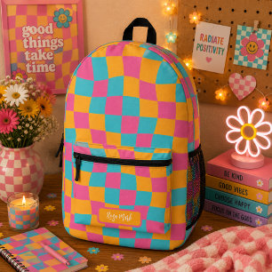 Mochila Impresa Psicodélico Groovy A Cuadros, Y2K 90s