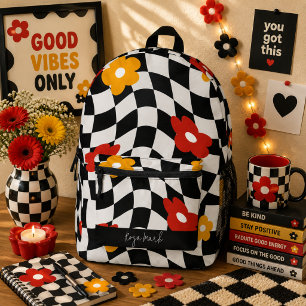 Mochila Impresa Psicodélico Groovy Floral Cuadro, Y2K 90s