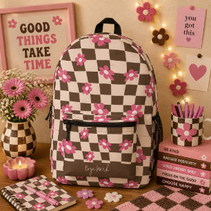 Mochila Impresa Psicodélico Groovy Floral Cuadros, Y2K 90s