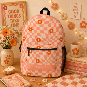 Mochila Impresa Psicodélico Groovy Floral Cuadros, Y2K 90s