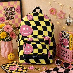 Mochila Impresa Psicodélico Groovy Sonriente Cuadrícula, Y2K 90s