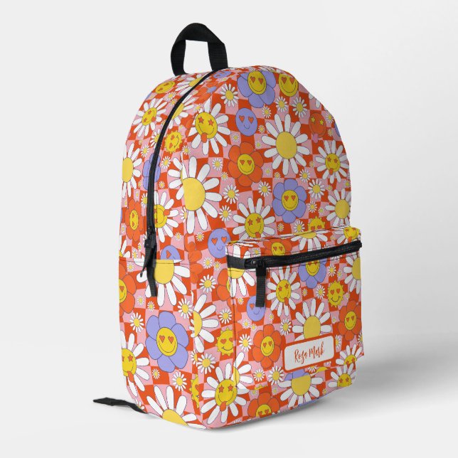 Mochila Impresa Psychedelic Groovy Daisy Checkerboard, años 2000 (Esquina izquierda trasera)