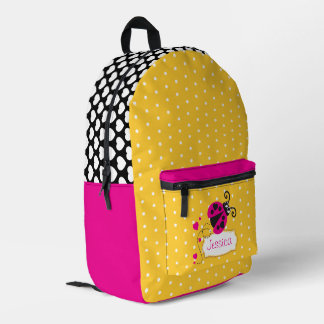 Mochila Impresa Punto de polka rosa y amarillo y nombre de mariqui