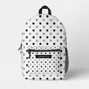 Mochila Impresa Puntos de polka negro y plateado en un fondo blanc