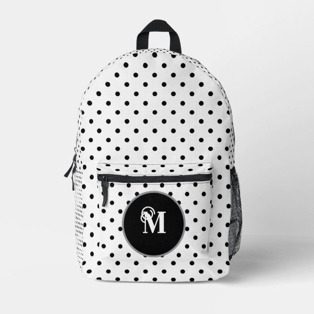 Mochila Impresa Puntos de polka negros y blancos (Anverso)