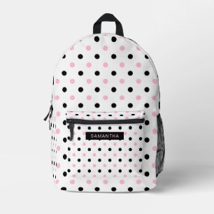 Mochila Impresa Puntos de polka negros y rosados en un fondo blanc