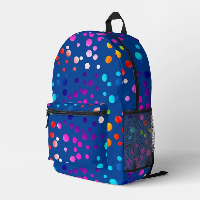 Mochila Impresa Puntos de Polka Neon Sobre El Azul (Esquina derecha trasera )