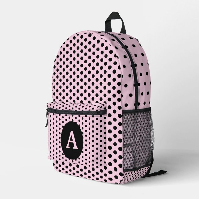 Mochila Impresa Puntos de polka rosados y negros monogramados (Esquina derecha trasera )