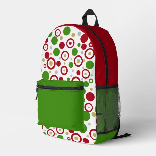 Mochila Impresa Puntos geométricos del Polka verde rojo festivo (Esquina derecha trasera )