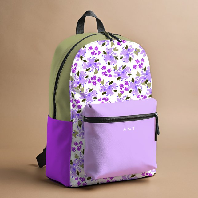 Mochila Impresa Purple Floral Garden Nombre personalizado inicial (Purple and green watercolor Floral Garden personalized school backpack.)