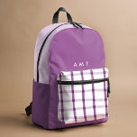 Mochila Impresa Purple Gingham Plaid Personalized Name Initiatives<br><div class="desc">Mochila impresa de rayas de trenzas de gingham púrpura pintada con personalización opcional.</div>