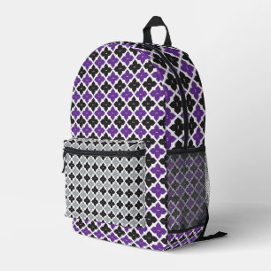 MOCHILA IMPRESA PURPLE GRAY BLACK WHITE DIAMOND FLORAL PATTERNS