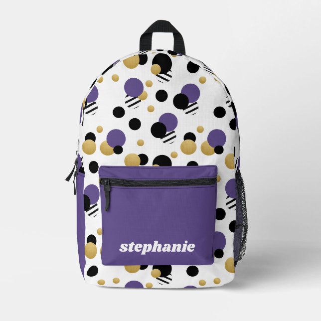Mochila Impresa Púrpura de punto de polka retro personalizado (Anverso)