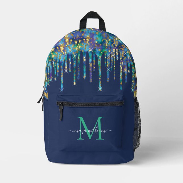 Mochila Impresa Purpurina de agio azul monograma personalizado (Anverso)