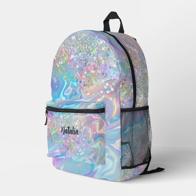 Mochila Impresa Purpurina holográfico moderno elegante azul irredi (Esquina derecha trasera )