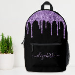 Mochila Impresa Purpurina morado personalizado<br><div class="desc">Moda personalizada,  mochila negra elegante y ondulada con goteo purpurina de imitación violeta. Personalice su nombre en un elegante y moderno guión de color púrpura claro con chispas. Puede ajustar el tamaño del tipo de letra del guión en la herramienta de diseño para nombres más cortos o más largos.</div>