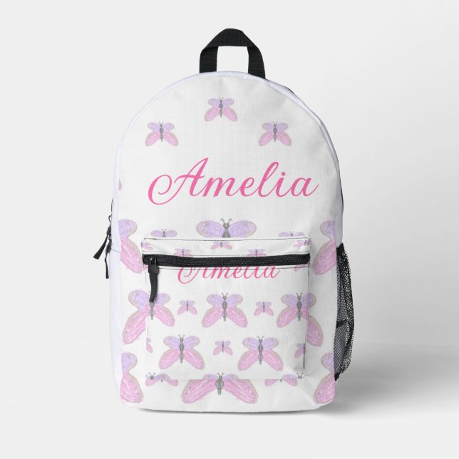 Mochila Impresa Purpurina morado rosa mariposa agregar letra de no (Anverso)