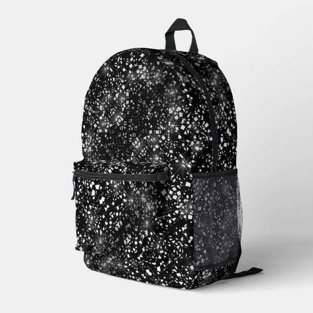 Mochila Impresa Purpurina Silver Faux Glass Sparkle en negro (Esquina derecha trasera )