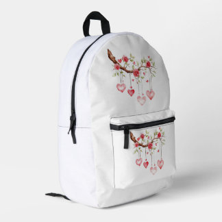 Mochila Impresa Rama de rosas rosadas en acuarela con corazones co