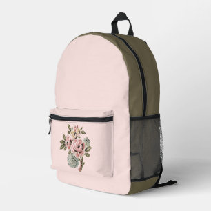 Mochila Impresa Ramo Floral Botánico de Arte Popular Rosa Vintage