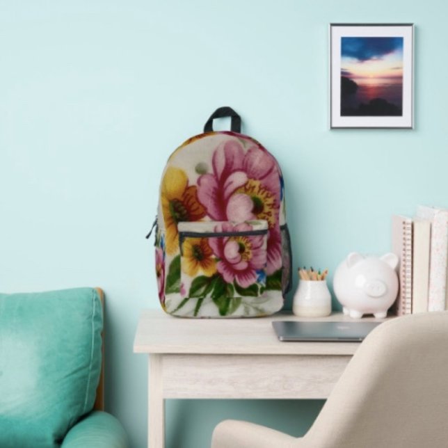 Mochila Impresa Ramo floral de taza de té (Backpack – D: 17"x12.5"x5" Two-chamber design with laptop storage pouch. Mesh side pocket.
)