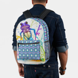 Mochila Impresa Rana de baile vibrante encantada con un patrón gra