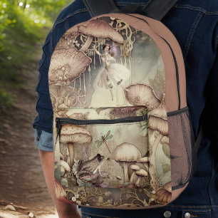 Mochila Impresa Rana de hadas Mushroom Dragonfly Cottagecore Monog