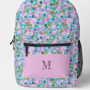 Mochila Impresa Ranas Rosadas Patrón Monograma Personalizado